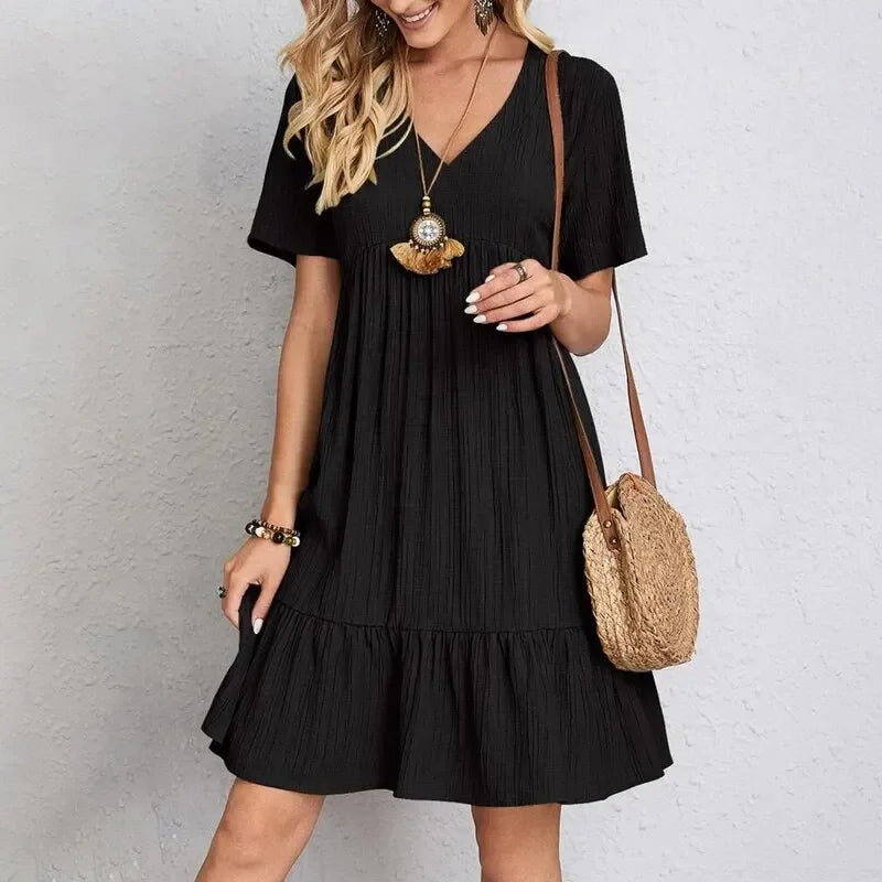 Women Summer Peplum Dresses Spring V-Neck Short Sleeve Loose Waist Ruffle Fit Flare Vocation Dresses - chinatopmarket