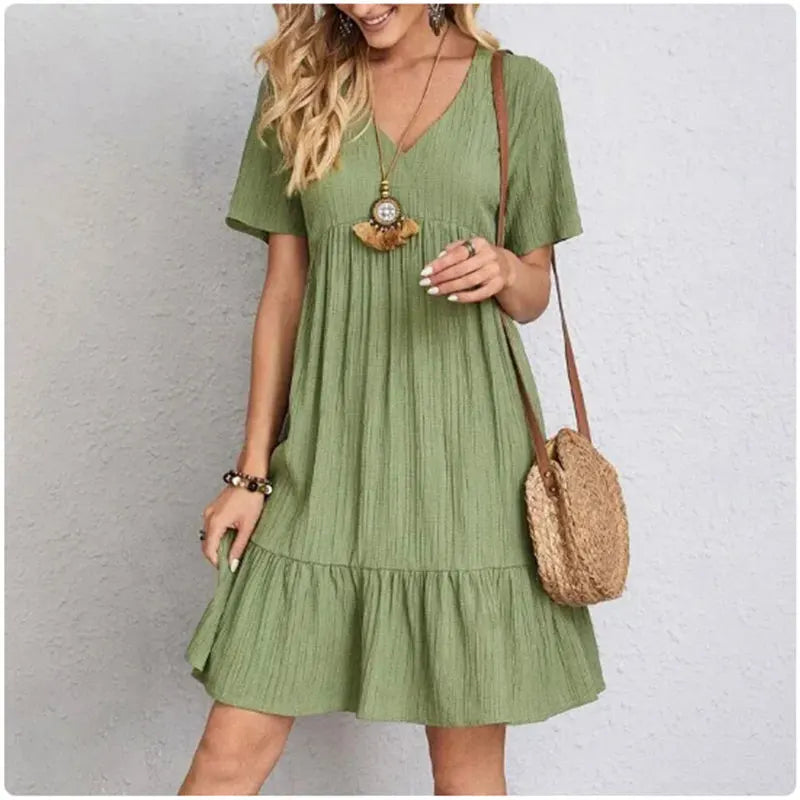 Women Summer Peplum Dresses Spring V-Neck Short Sleeve Loose Waist Ruffle Fit Flare Vocation Dresses - chinatopmarket