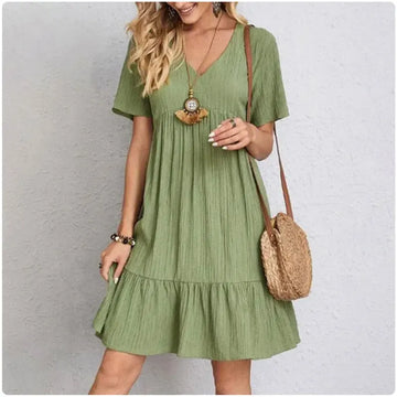 Women Summer Peplum Dresses Spring V-Neck Short Sleeve Loose Waist Ruffle Fit Flare Vocation Dresses - chinatopmarket