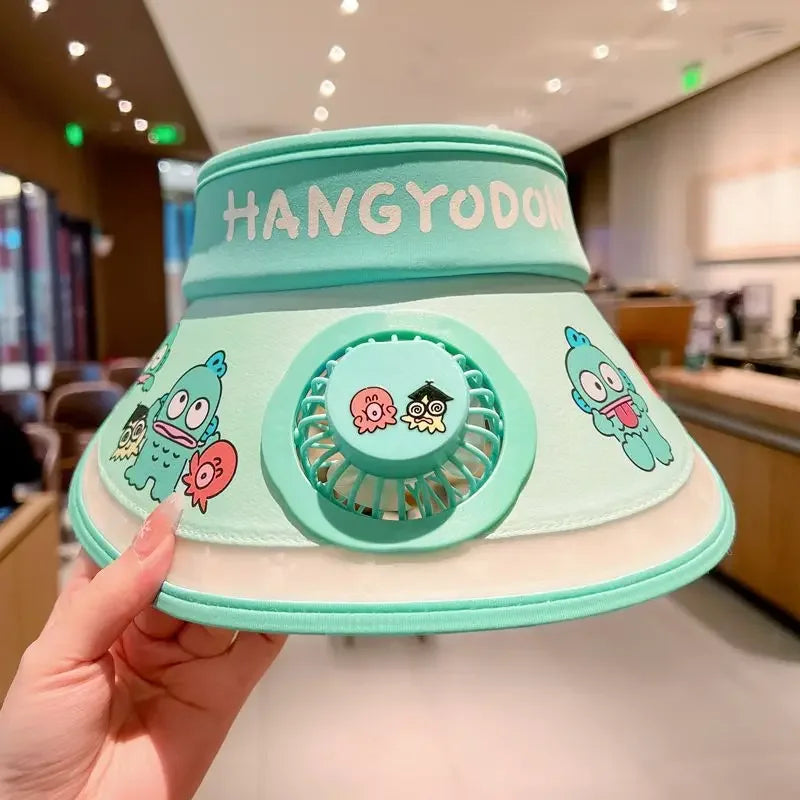Hello Kitty Kuromi My melody Pochacco summer children's multifunctional sun protection hat with fan and sunshade large brim - chinatopmarket