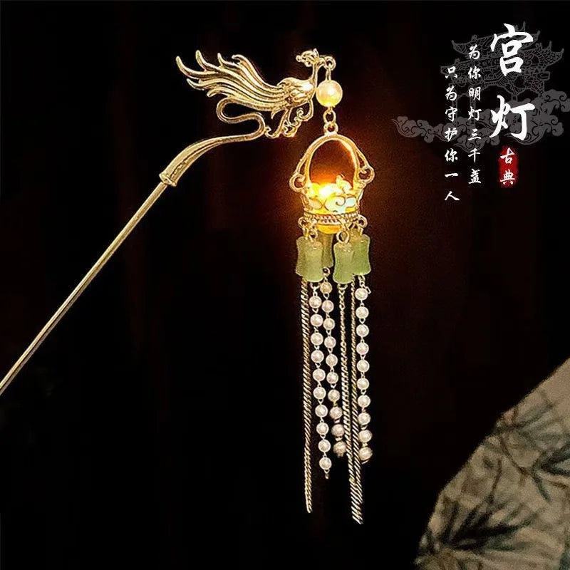 Luminous Flower Hairpin For Women Creative Lotus Emit Light Lantern Tassel Hair Stick Vintage Chinese Style Metal Hair Accessory - chinatopmarket