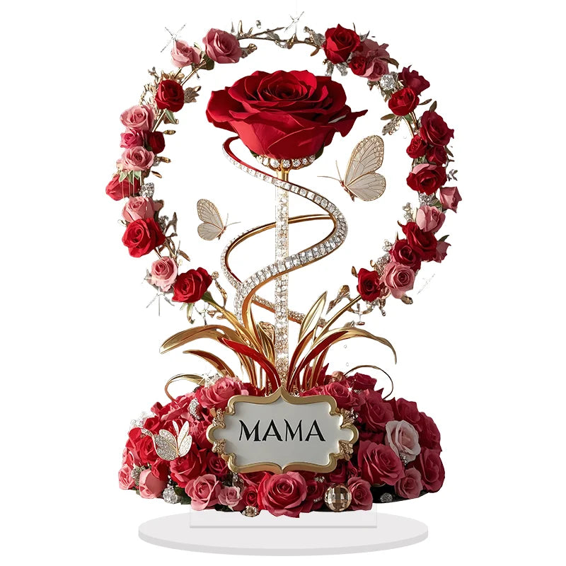 2D Acrylic Ornament Red Rose MOM Pattern Roses Mother Flat Elegant Desk Decora Filial Child to Mother Gifts - chinatopmarket