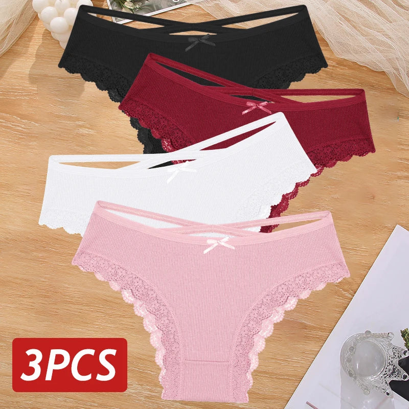 3PCS/Set Women Cotton Panties Sexy Low Rise Lace Brazilian Panties Hollow Out Soft Breathable Lingerie Female Bow Underwear S-XL - chinatopmarket