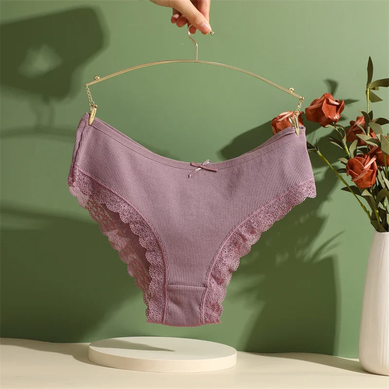 3PCS/Set Women Cotton Panties Sexy Low Rise Lace Brazilian Panties Hollow Out Soft Breathable Lingerie Female Bow Underwear S-XL - chinatopmarket
