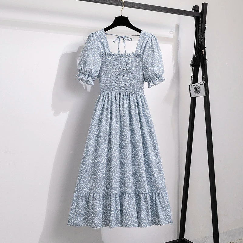 Spring Summer Chiffon Dresses Fashion Female Elastic Waist Short Sleeve Pleated Casual Dress Women A-line Dresses Vestidos - chinatopmarket