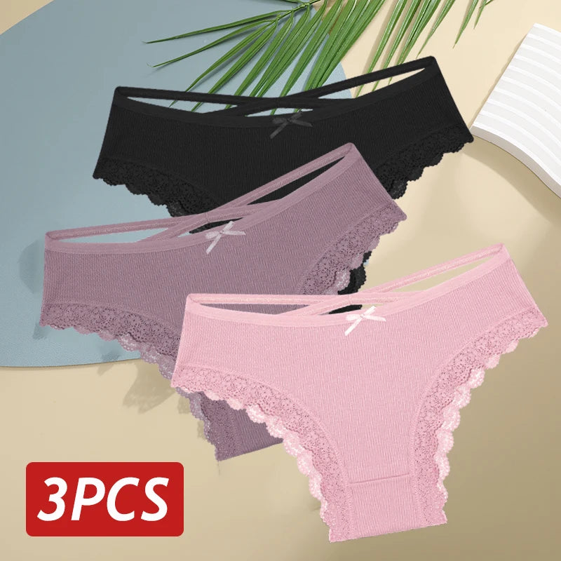 3PCS/Set Women Cotton Panties Sexy Low Rise Lace Brazilian Panties Hollow Out Soft Breathable Lingerie Female Bow Underwear S-XL - chinatopmarket