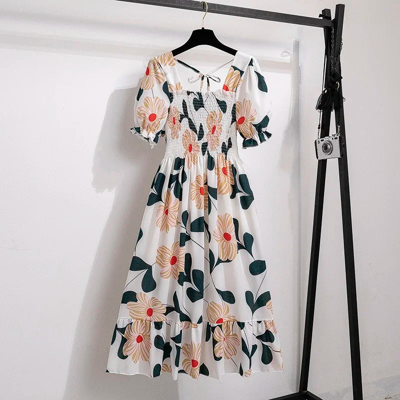 Spring Summer Chiffon Dresses Fashion Female Elastic Waist Short Sleeve Pleated Casual Dress Women A-line Dresses Vestidos - chinatopmarket