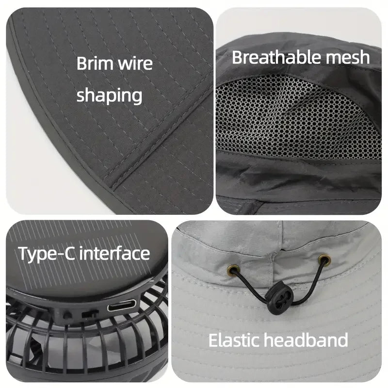 Mens Quick Dry Bucket Hat Large Size Sun Hat with Solar Powered Fan USB Rechargeable for Outdoor Hiking Camping Fishing Activity - chinatopmarket