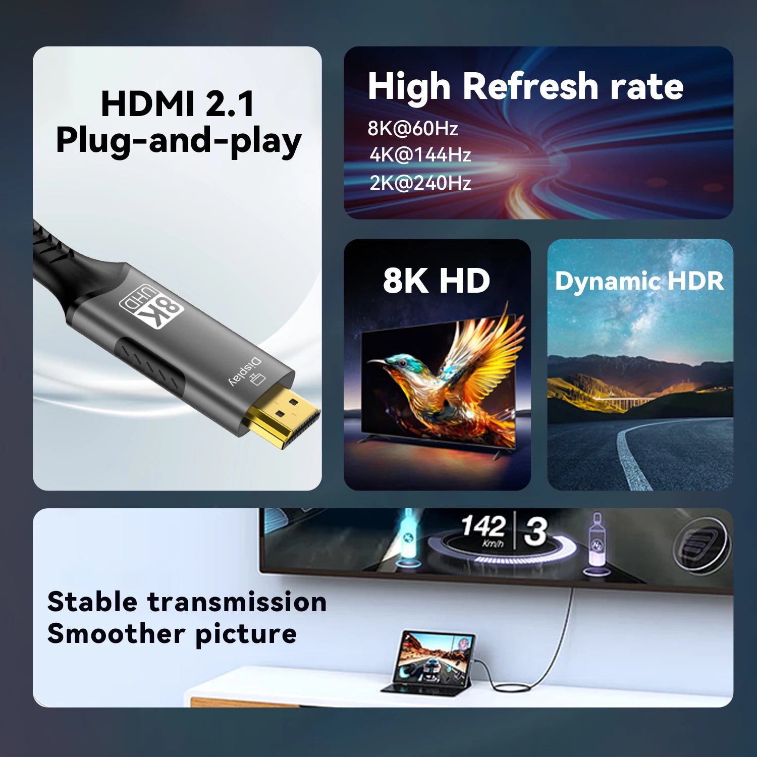 USB C to HDMI Cable 8K@60Hz 4K@120Hz Type C to HDMI-Compatible HDTV Cable for TV Converter MacBook Air iPad USB-C HDMI Adapter - chinatopmarket