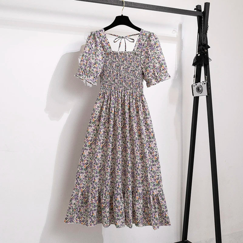 Spring Summer Chiffon Dresses Fashion Female Elastic Waist Short Sleeve Pleated Casual Dress Women A-line Dresses Vestidos - chinatopmarket