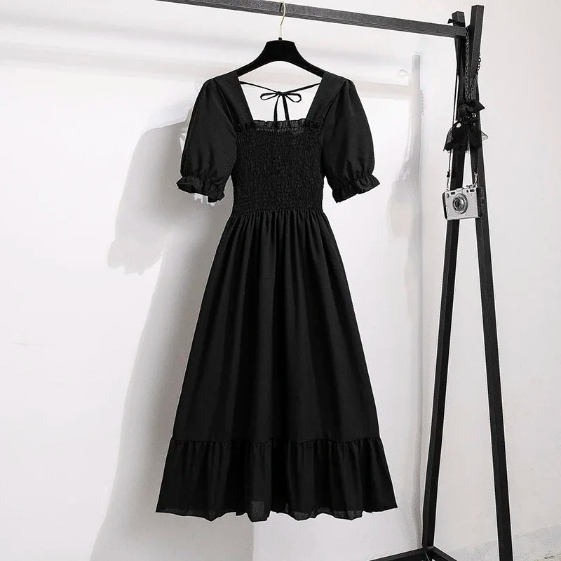 Spring Summer Chiffon Dresses Fashion Female Elastic Waist Short Sleeve Pleated Casual Dress Women A-line Dresses Vestidos - chinatopmarket
