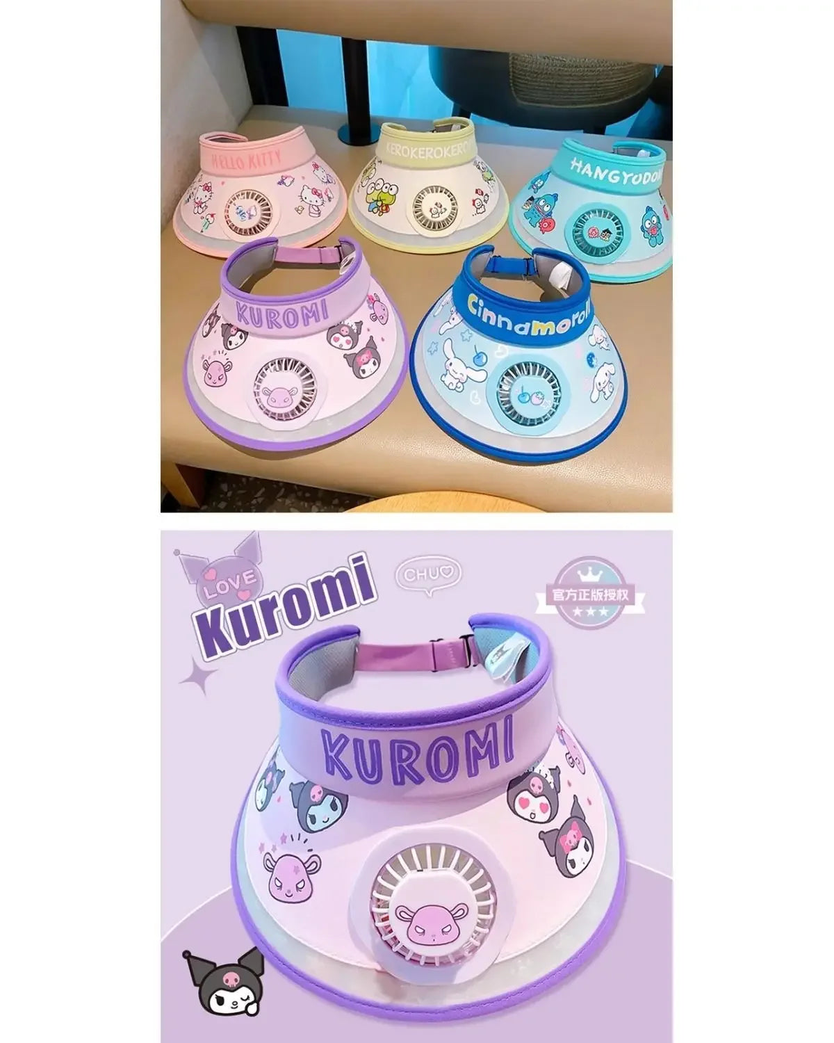 Hello Kitty Kuromi My melody Pochacco summer children's multifunctional sun protection hat with fan and sunshade large brim - chinatopmarket