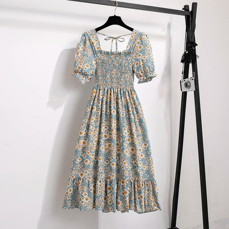 Spring Summer Chiffon Dresses Fashion Female Elastic Waist Short Sleeve Pleated Casual Dress Women A-line Dresses Vestidos - chinatopmarket