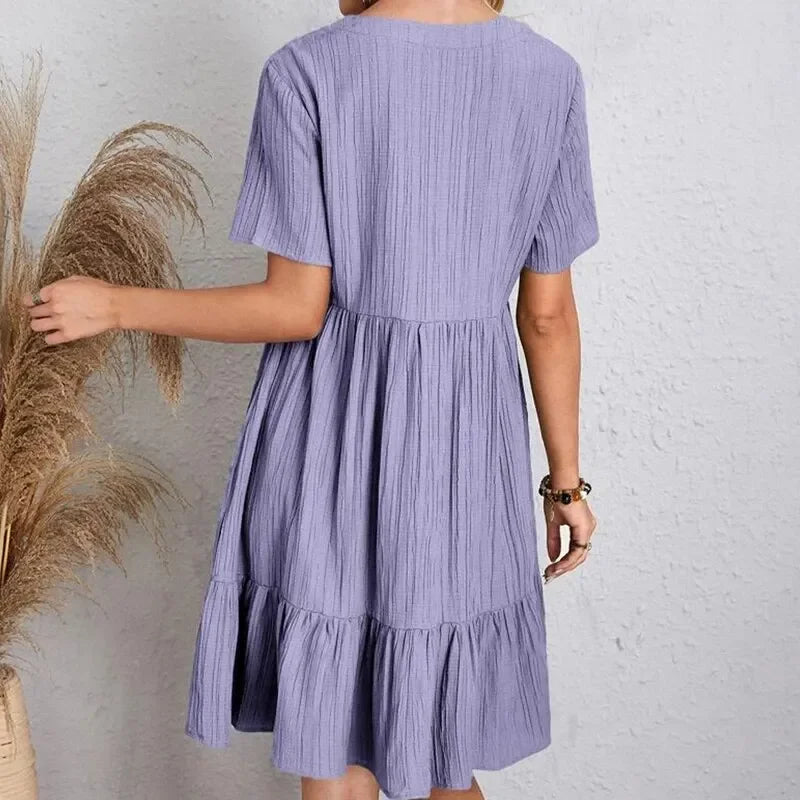 Women Summer Peplum Dresses Spring V-Neck Short Sleeve Loose Waist Ruffle Fit Flare Vocation Dresses - chinatopmarket