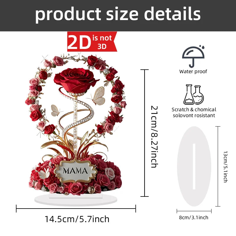 2D Acrylic Ornament Red Rose MOM Pattern Roses Mother Flat Elegant Desk Decora Filial Child to Mother Gifts - chinatopmarket