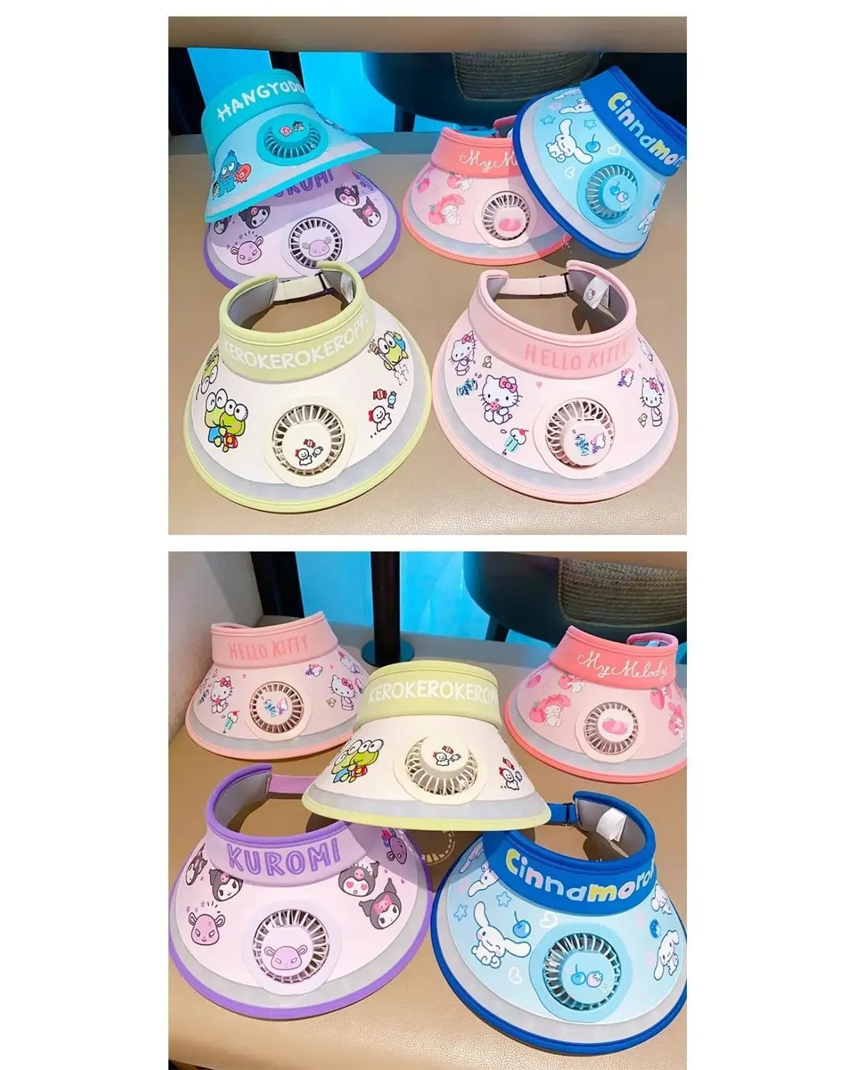 Hello Kitty Kuromi My melody Pochacco summer children's multifunctional sun protection hat with fan and sunshade large brim - chinatopmarket