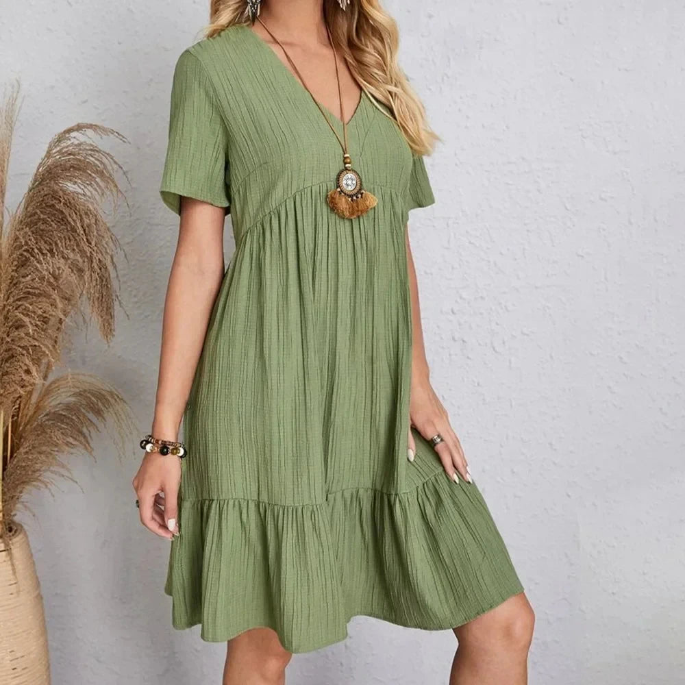 Women Summer Peplum Dresses Spring V-Neck Short Sleeve Loose Waist Ruffle Fit Flare Vocation Dresses - chinatopmarket