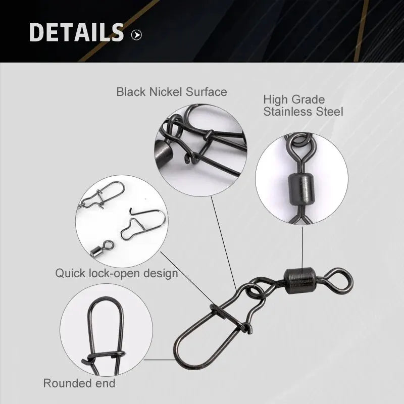 50pc/box Stainless Steel Fishing Connector Pin 4# 6# 8#10#12# Bearing Rolling Swivel with Snap Fishhook Lure Accessories - chinatopmarket