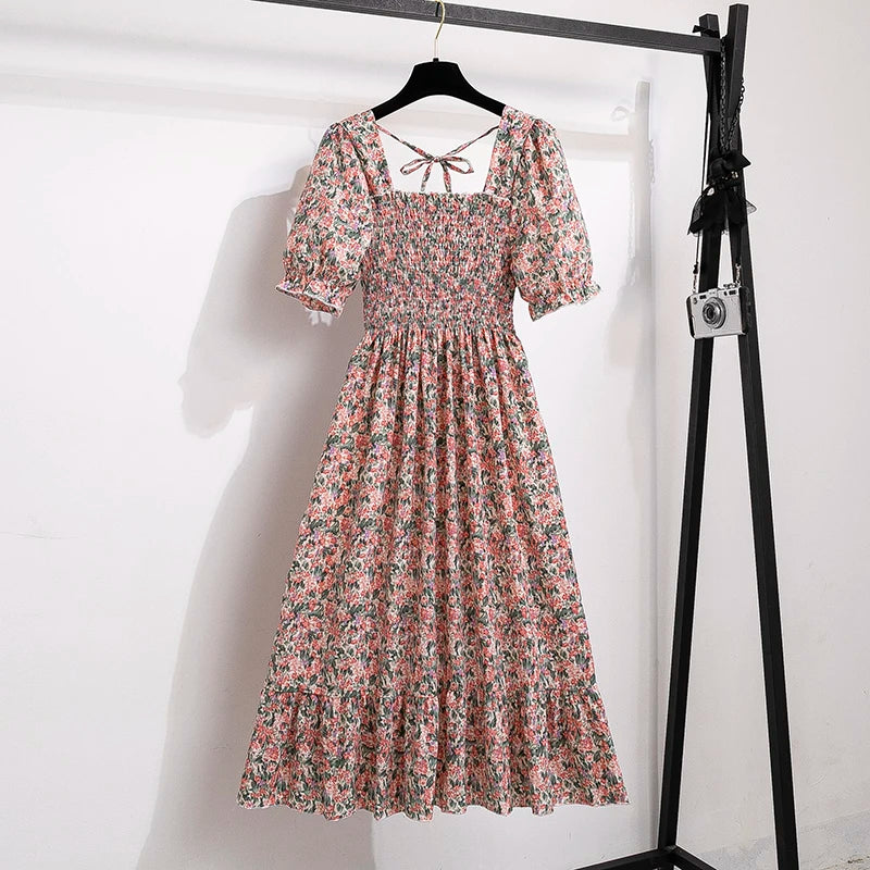 Spring Summer Chiffon Dresses Fashion Female Elastic Waist Short Sleeve Pleated Casual Dress Women A-line Dresses Vestidos - chinatopmarket