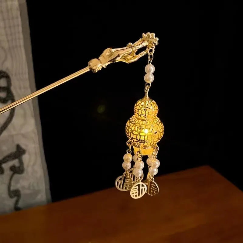 Luminous Flower Hairpin For Women Creative Lotus Emit Light Lantern Tassel Hair Stick Vintage Chinese Style Metal Hair Accessory - chinatopmarket