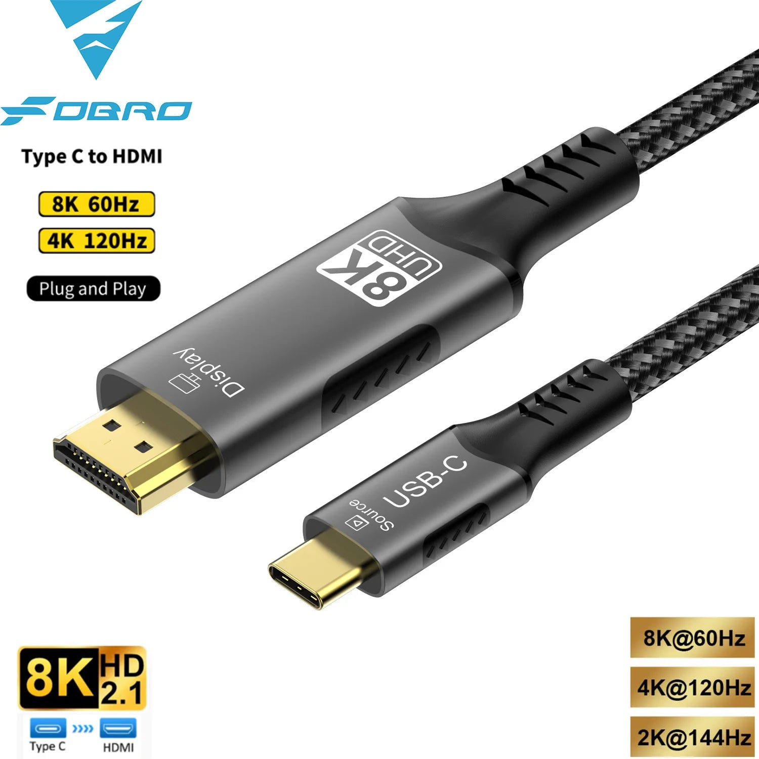 USB C to HDMI Cable 8K@60Hz 4K@120Hz Type C to HDMI-Compatible HDTV Cable for TV Converter MacBook Air iPad USB-C HDMI Adapter - chinatopmarket