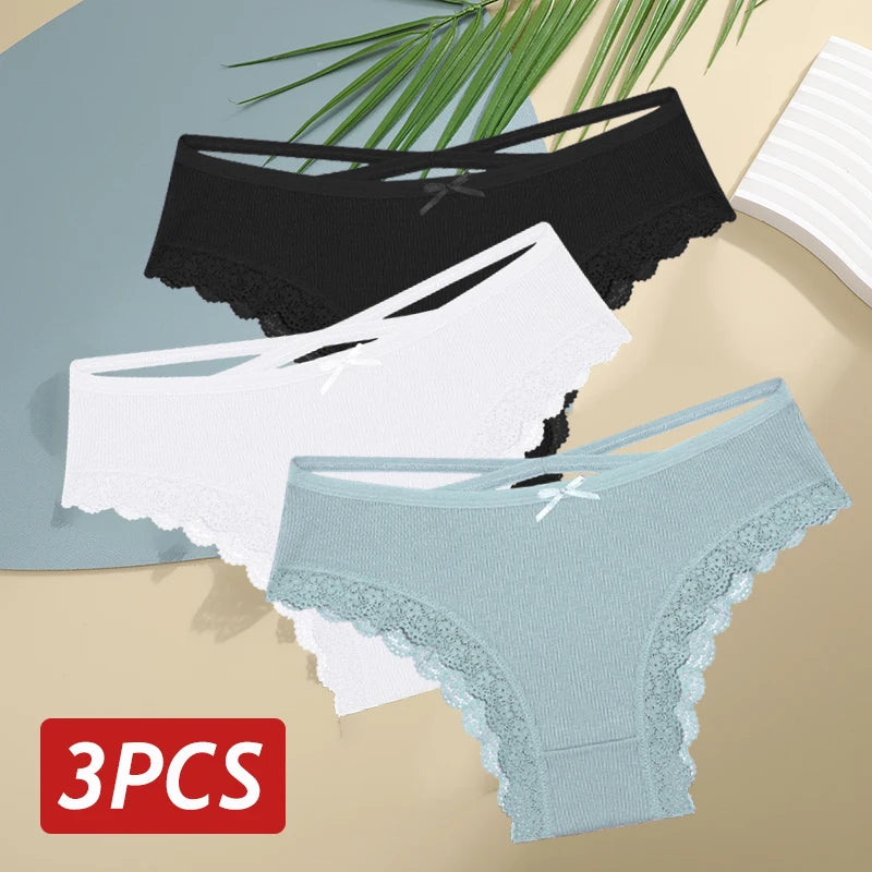 3PCS/Set Women Cotton Panties Sexy Low Rise Lace Brazilian Panties Hollow Out Soft Breathable Lingerie Female Bow Underwear S-XL - chinatopmarket
