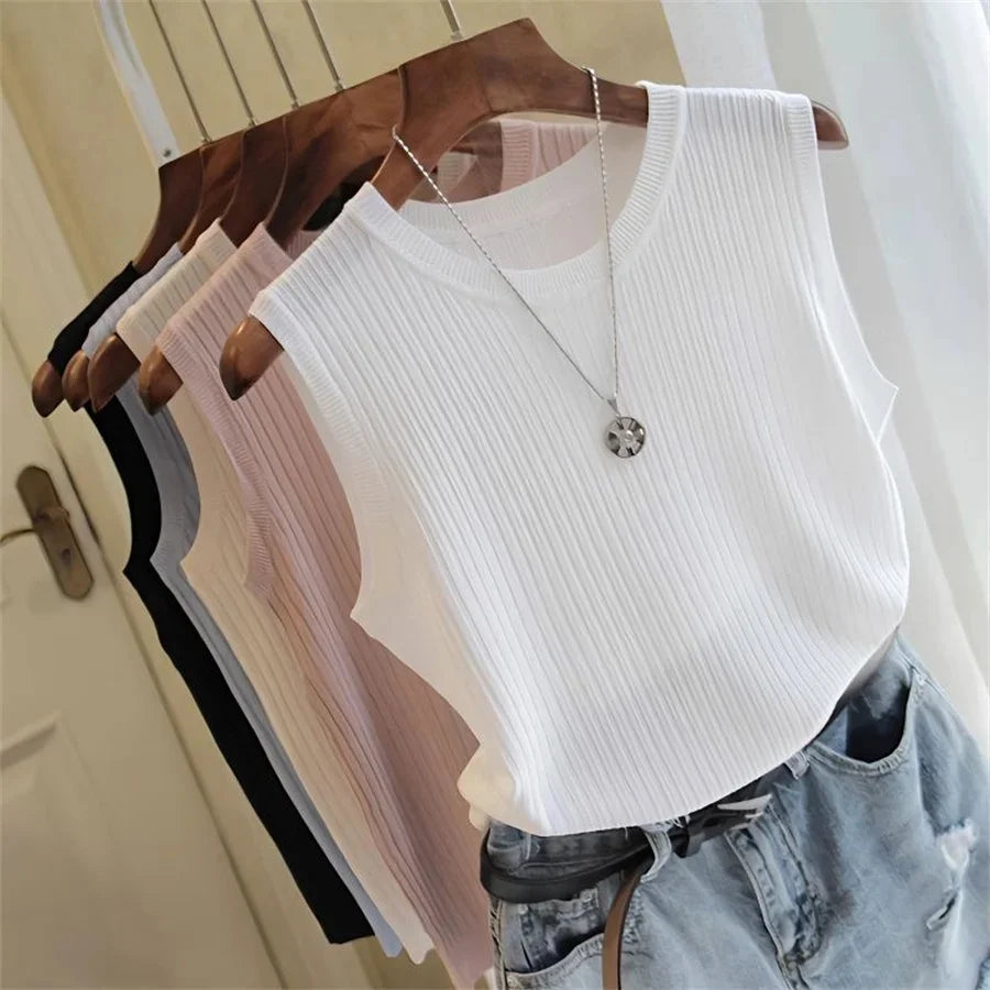 Summer Sleeveless Blouse Women O-neck Knitted Blouse Shirt Women Clothes Women Tops - chinatopmarket