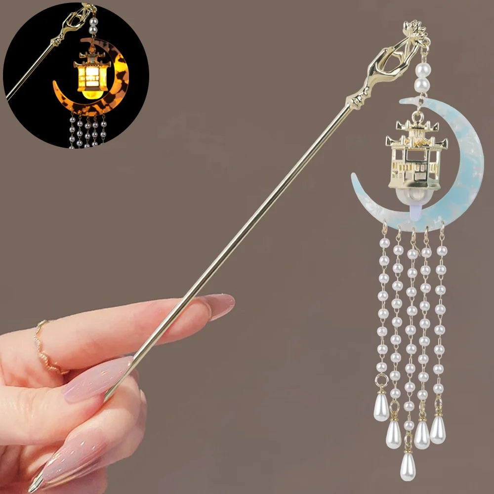 Luminous Flower Hairpin For Women Creative Lotus Emit Light Lantern Tassel Hair Stick Vintage Chinese Style Metal Hair Accessory - chinatopmarket