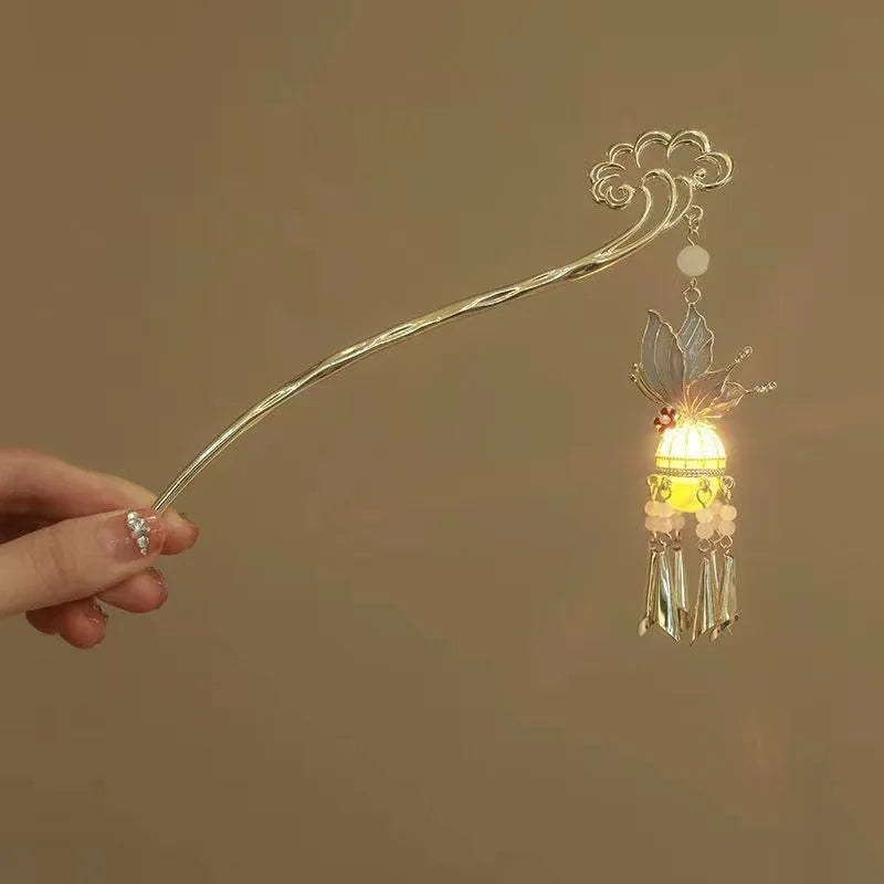 Luminous Flower Hairpin For Women Creative Lotus Emit Light Lantern Tassel Hair Stick Vintage Chinese Style Metal Hair Accessory - chinatopmarket
