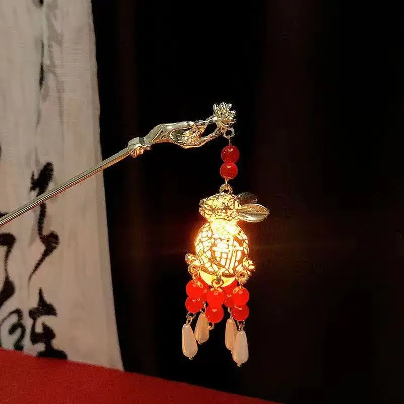 Luminous Flower Hairpin For Women Creative Lotus Emit Light Lantern Tassel Hair Stick Vintage Chinese Style Metal Hair Accessory - chinatopmarket