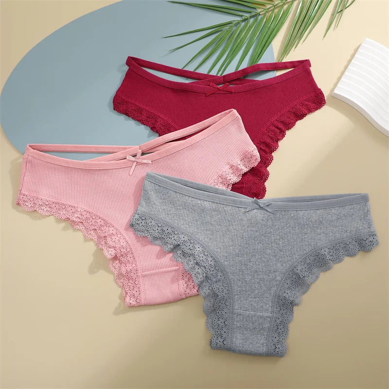 3PCS/Set Women Cotton Panties Sexy Low Rise Lace Brazilian Panties Hollow Out Soft Breathable Lingerie Female Bow Underwear S-XL - chinatopmarket