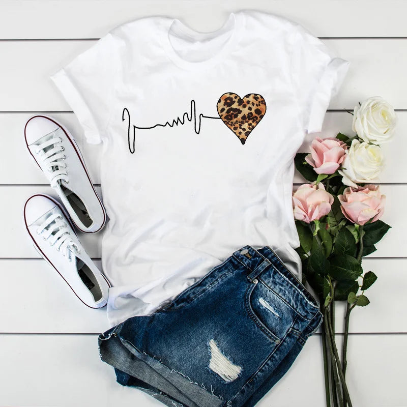 Summer New 90 's Leopard Heartbeat Short Sleeve Print Clothing Women's T-Shirt Harajuku Graphic Clothing Women's Top,Drop Ship - chinatopmarket