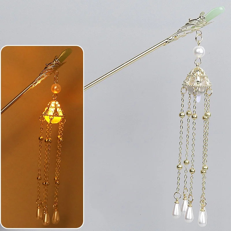 Luminous Flower Hairpin For Women Creative Lotus Emit Light Lantern Tassel Hair Stick Vintage Chinese Style Metal Hair Accessory - chinatopmarket