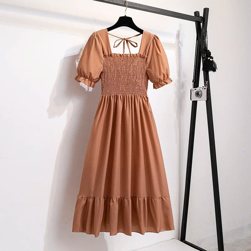 Spring Summer Chiffon Dresses Fashion Female Elastic Waist Short Sleeve Pleated Casual Dress Women A-line Dresses Vestidos - chinatopmarket