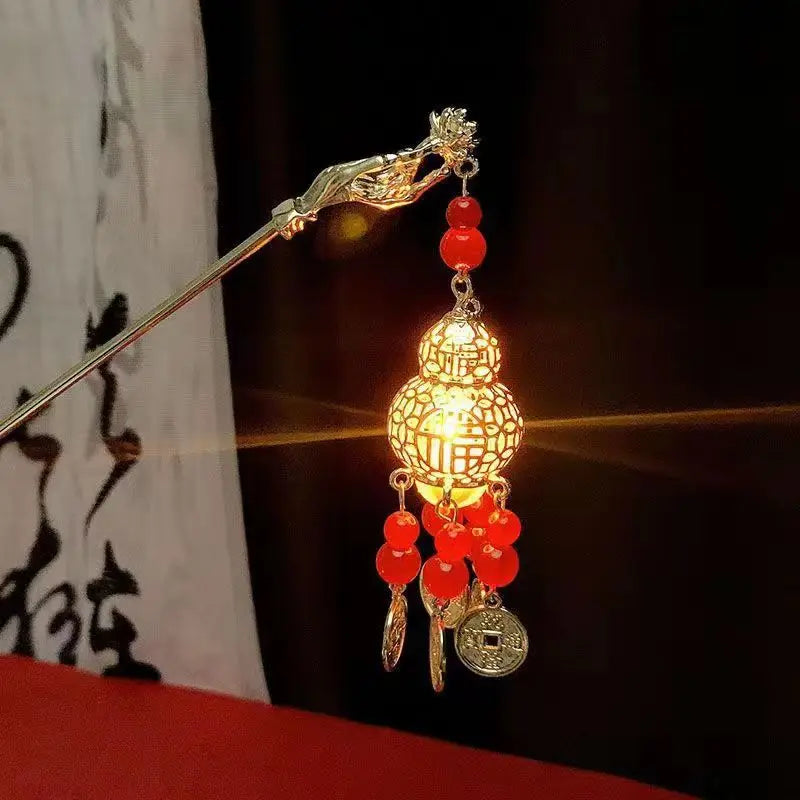 Luminous Flower Hairpin For Women Creative Lotus Emit Light Lantern Tassel Hair Stick Vintage Chinese Style Metal Hair Accessory - chinatopmarket