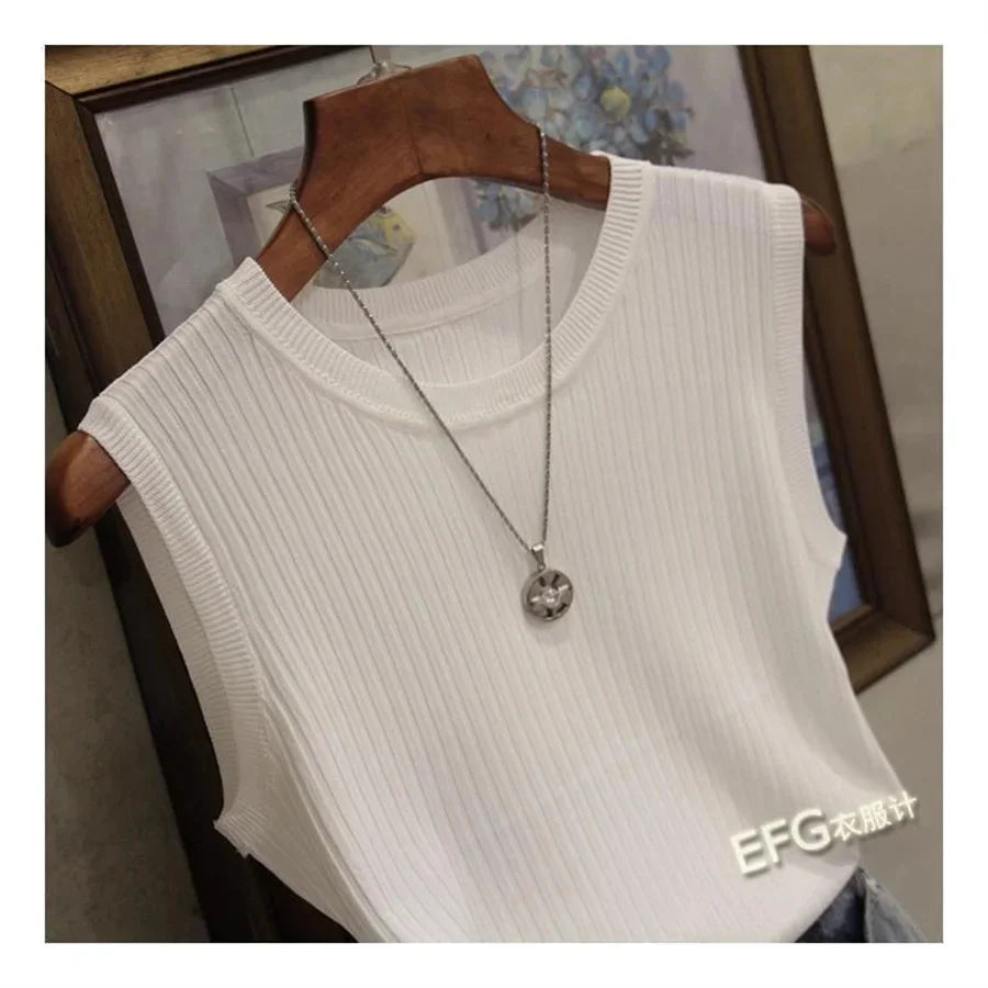 Summer Sleeveless Blouse Women O-neck Knitted Blouse Shirt Women Clothes Women Tops - chinatopmarket