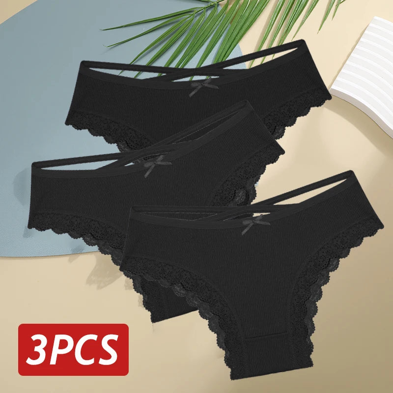 3PCS/Set Women Cotton Panties Sexy Low Rise Lace Brazilian Panties Hollow Out Soft Breathable Lingerie Female Bow Underwear S-XL - chinatopmarket