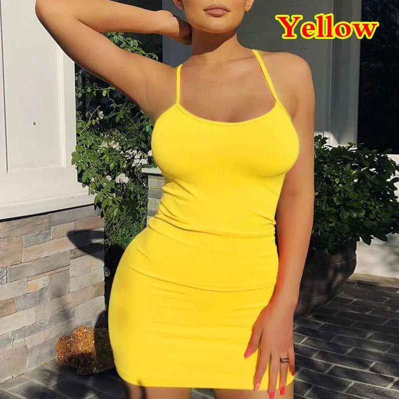 Summer Spaghetti Strap Mini Dress 2025 Women Sexy Bodycon Club Party Dresses Short Female Camisole Solid Black Sheath Sundress - chinatopmarket