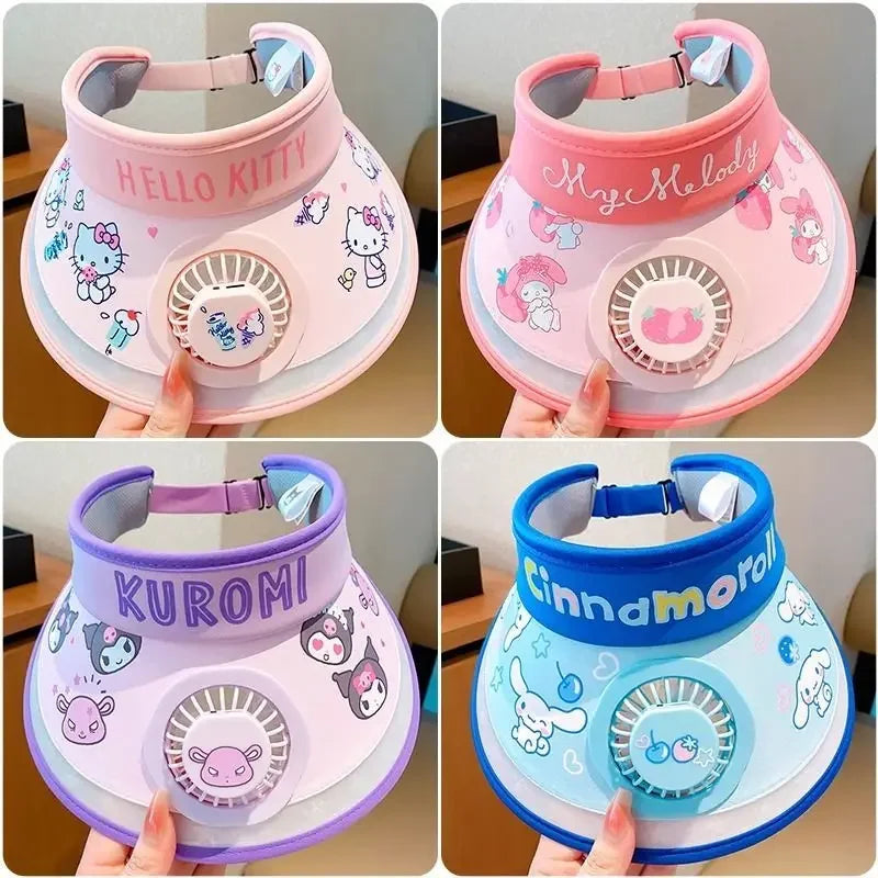 Hello Kitty Kuromi My melody Pochacco summer children's multifunctional sun protection hat with fan and sunshade large brim - chinatopmarket