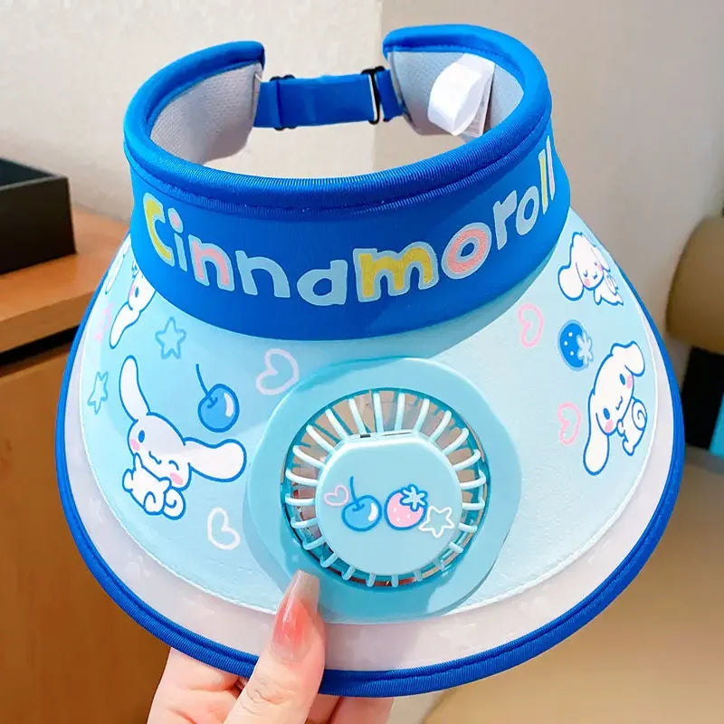 Hello Kitty Kuromi My melody Pochacco summer children's multifunctional sun protection hat with fan and sunshade large brim - chinatopmarket