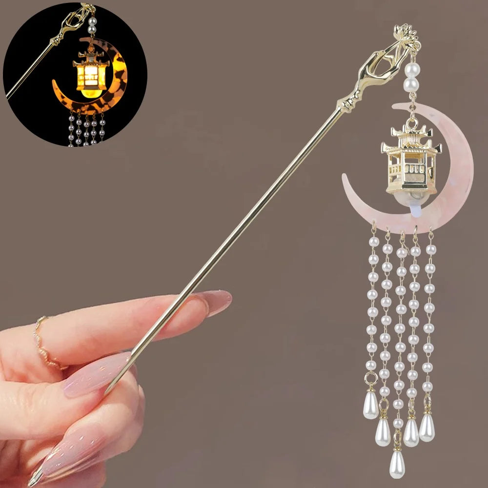 Luminous Flower Hairpin For Women Creative Lotus Emit Light Lantern Tassel Hair Stick Vintage Chinese Style Metal Hair Accessory - chinatopmarket