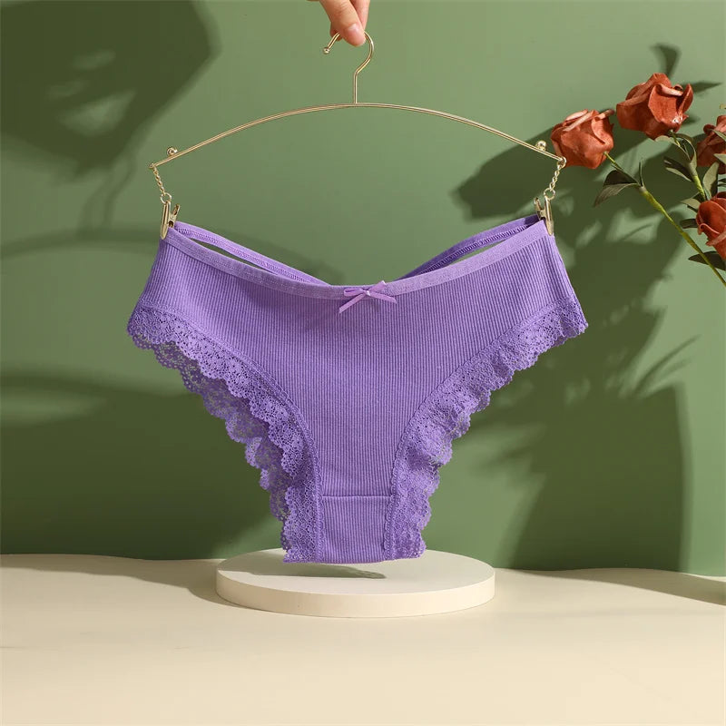 3PCS/Set Women Cotton Panties Sexy Low Rise Lace Brazilian Panties Hollow Out Soft Breathable Lingerie Female Bow Underwear S-XL - chinatopmarket