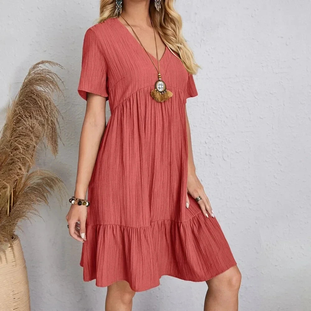 Women Summer Peplum Dresses Spring V-Neck Short Sleeve Loose Waist Ruffle Fit Flare Vocation Dresses - chinatopmarket