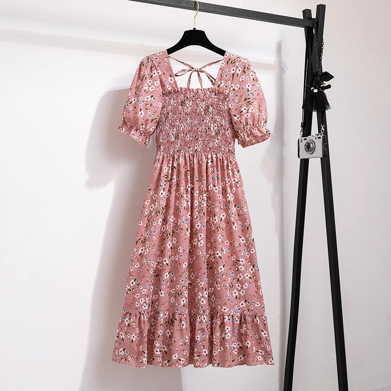 Spring Summer Chiffon Dresses Fashion Female Elastic Waist Short Sleeve Pleated Casual Dress Women A-line Dresses Vestidos - chinatopmarket