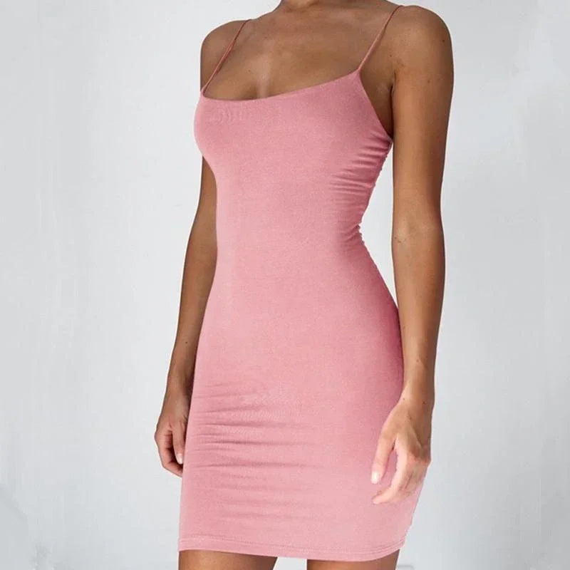 Summer Spaghetti Strap Mini Dress 2025 Women Sexy Bodycon Club Party Dresses Short Female Camisole Solid Black Sheath Sundress - chinatopmarket