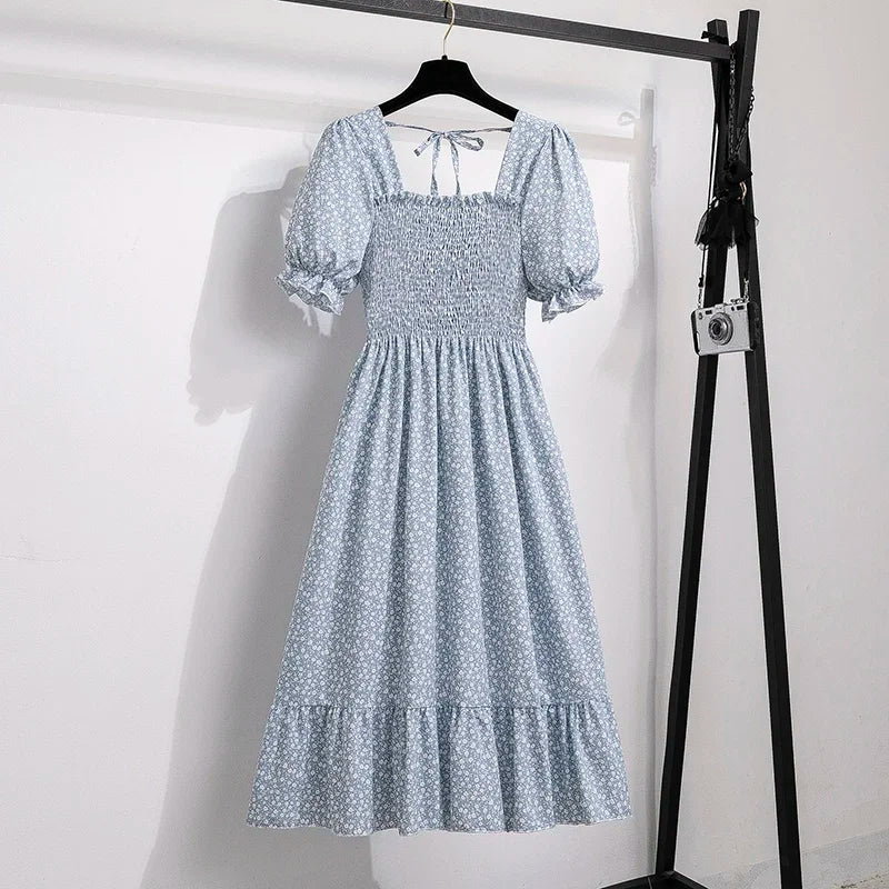Spring Summer Chiffon Dresses Fashion Female Elastic Waist Short Sleeve Pleated Casual Dress Women A-line Dresses Vestidos - chinatopmarket