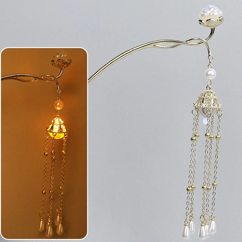 Luminous Flower Hairpin For Women Creative Lotus Emit Light Lantern Tassel Hair Stick Vintage Chinese Style Metal Hair Accessory - chinatopmarket