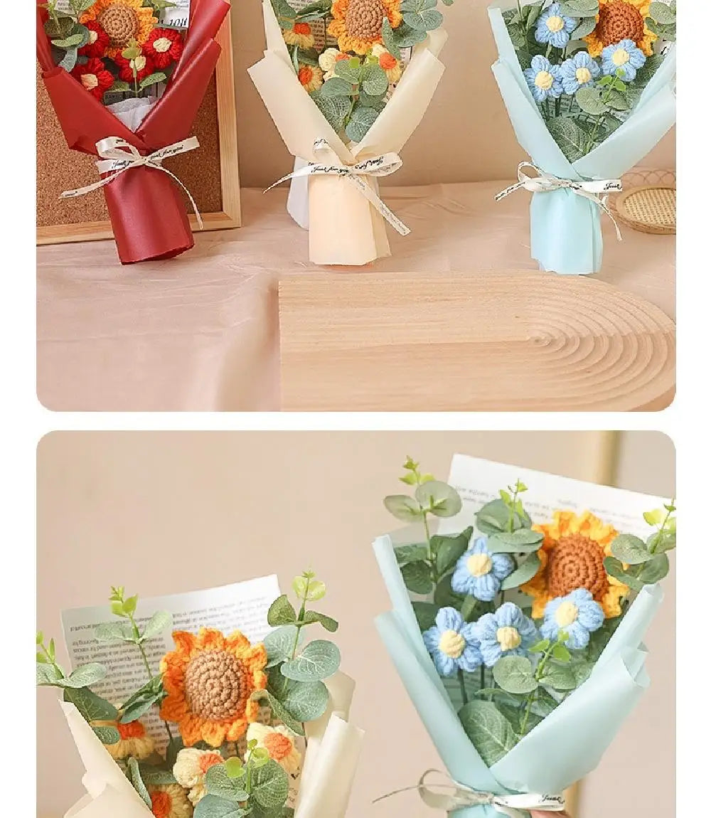 Artificial Flower Crochet Bouquet Handmade Anniversary Sunflower Daisy Bouquet Mothers Day Birthday Gift Eternal Flower - chinatopmarket