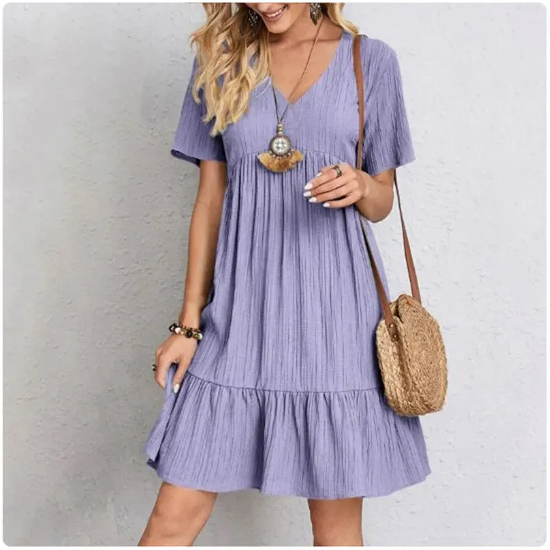Women Summer Peplum Dresses Spring V-Neck Short Sleeve Loose Waist Ruffle Fit Flare Vocation Dresses - chinatopmarket
