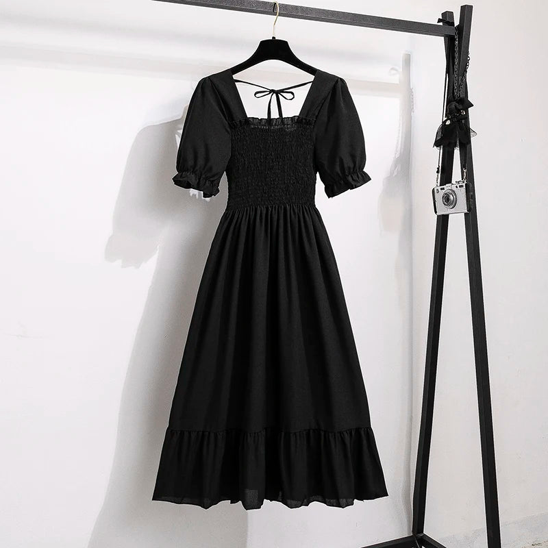 Spring Summer Chiffon Dresses Fashion Female Elastic Waist Short Sleeve Pleated Casual Dress Women A-line Dresses Vestidos - chinatopmarket